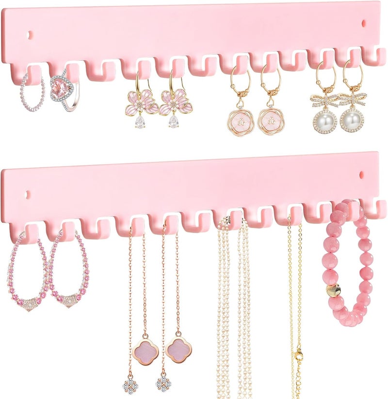milylove Acrylic Necklace Holder 2 Pack Wall Mounted Necklace Organizer Hanging Jewelry Organizer with 12 Hooks for Necklaces, Bracelets, Rings and Bangles Display Pink - Image 1